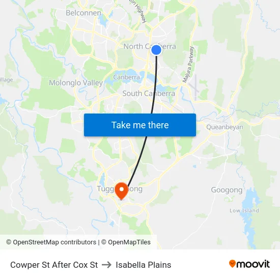 Cowper St After Cox St to Isabella Plains map