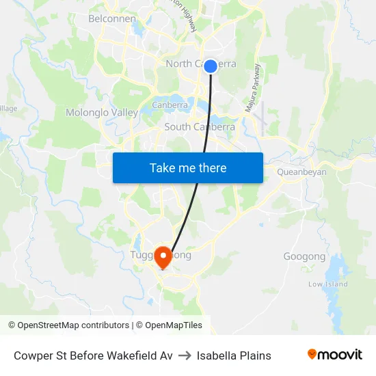 Cowper St Before Wakefield Av to Isabella Plains map