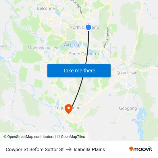 Cowper St Before Suttor St to Isabella Plains map