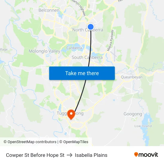 Cowper St Before Hope St to Isabella Plains map