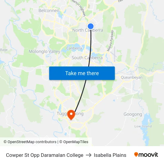 Cowper St Opp Daramalan College to Isabella Plains map