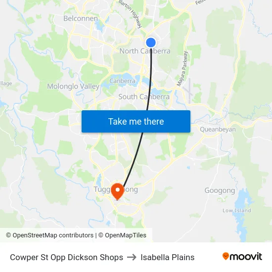 Cowper St Opp Dickson Shops to Isabella Plains map