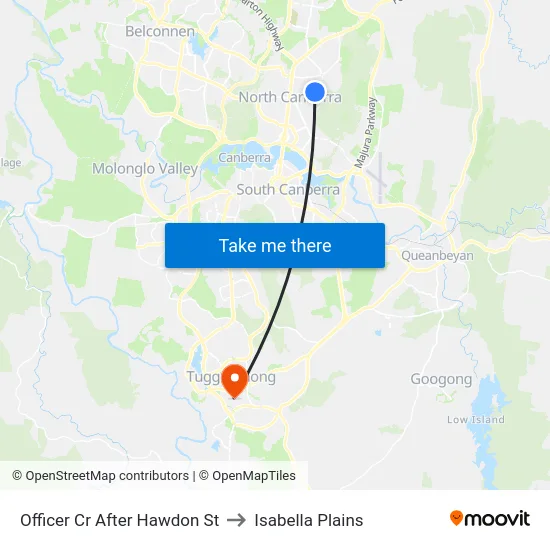 Officer Cr After Hawdon St to Isabella Plains map