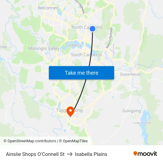 Ainslie Shops O'Connell St to Isabella Plains map