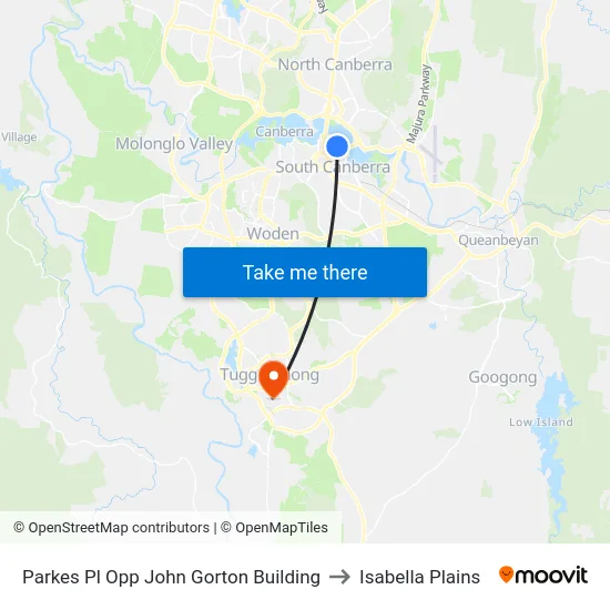 Parkes Pl Opp John Gorton Building to Isabella Plains map