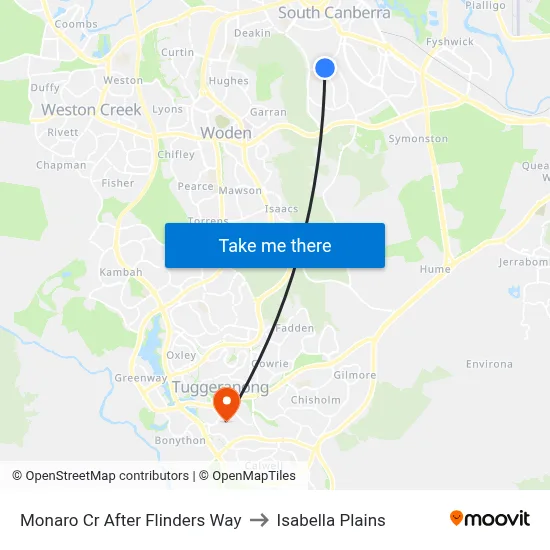 Monaro Cr After Flinders Way to Isabella Plains map