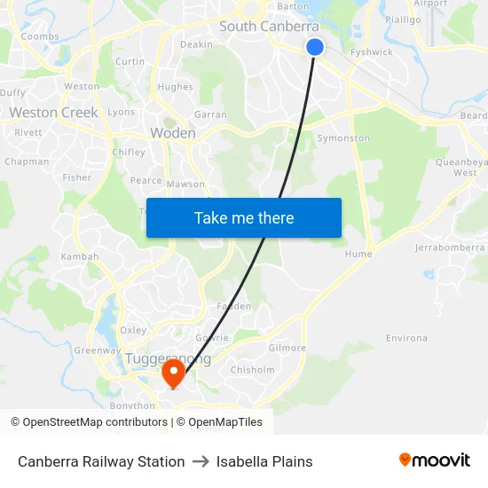 Canberra Railway Station to Isabella Plains map