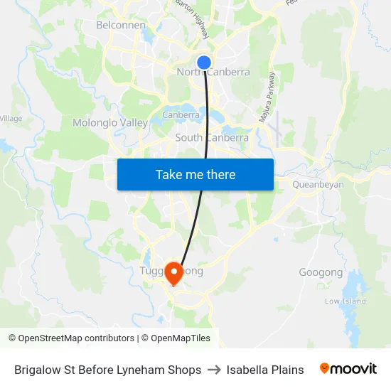 Brigalow St Before Lyneham Shops to Isabella Plains map