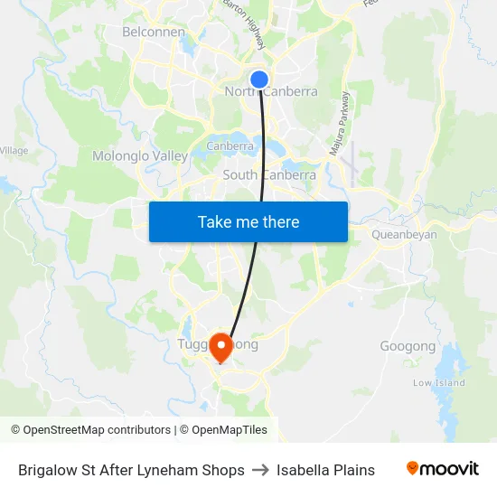 Brigalow St After Lyneham Shops to Isabella Plains map