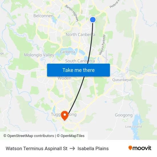 Watson Terminus Aspinall St to Isabella Plains map