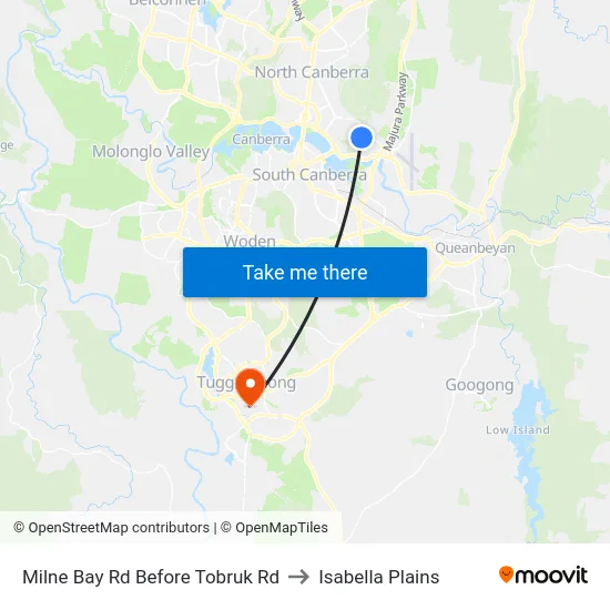 Milne Bay Rd Before Tobruk Rd to Isabella Plains map