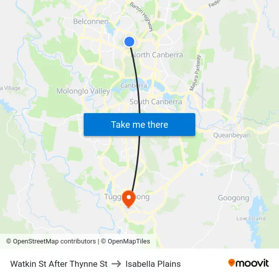 Watkin St After Thynne St to Isabella Plains map