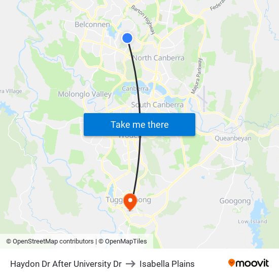 Haydon Dr After University Dr to Isabella Plains map