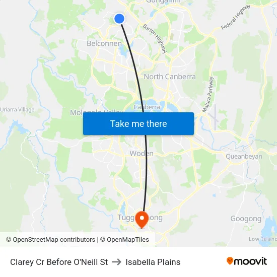 Clarey Cr Before O'Neill St to Isabella Plains map