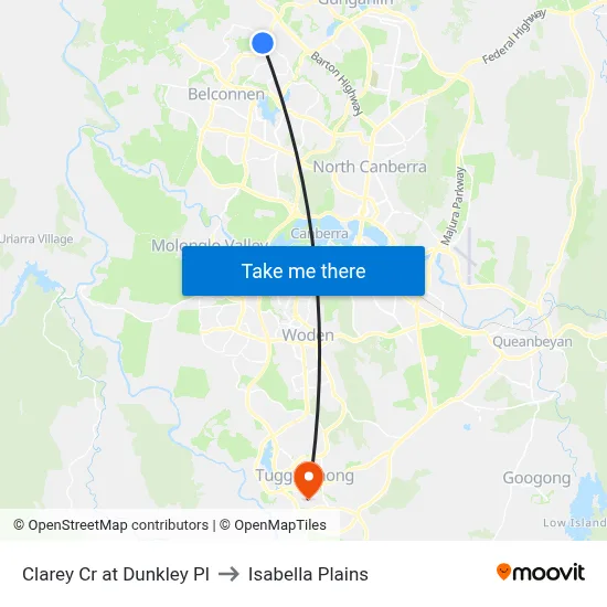 Clarey Cr at Dunkley Pl to Isabella Plains map