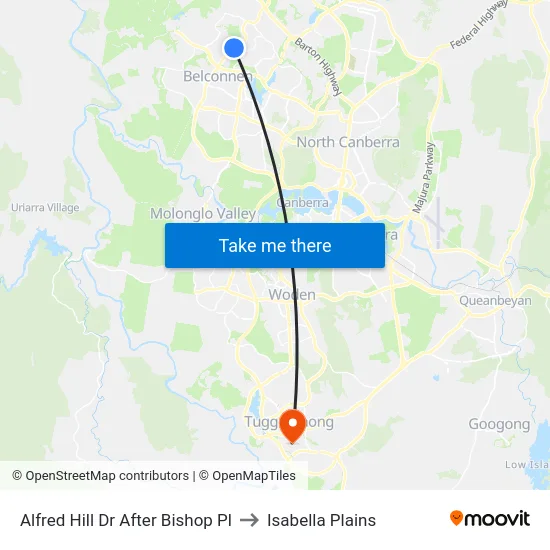 Alfred Hill Dr After Bishop Pl to Isabella Plains map