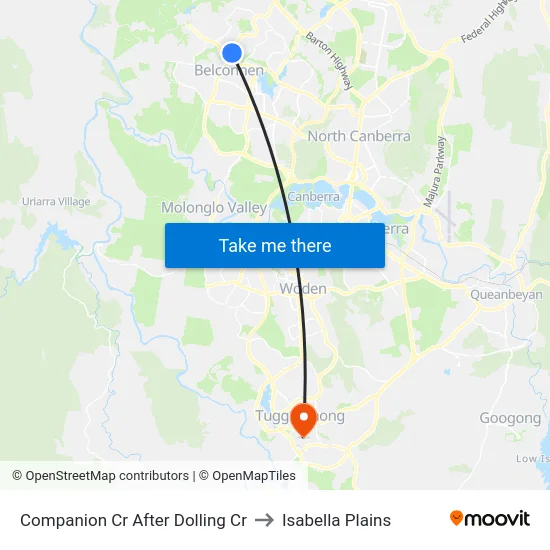 Companion Cr After Dolling Cr to Isabella Plains map