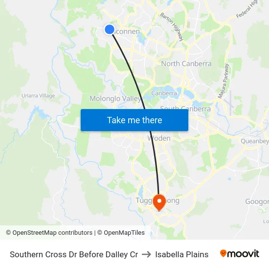 Southern Cross Dr Before Dalley Cr to Isabella Plains map
