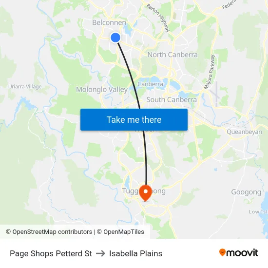 Page Shops Petterd St to Isabella Plains map