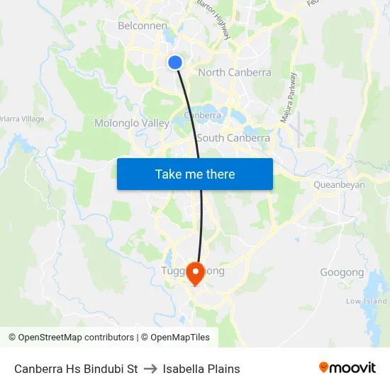 Canberra Hs Bindubi St to Isabella Plains map