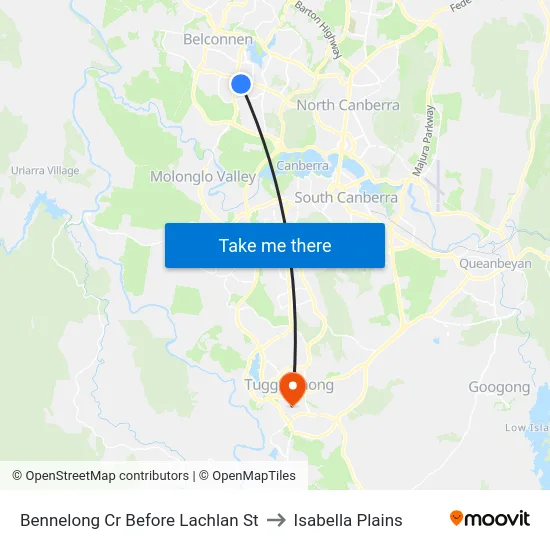 Bennelong Cr Before Lachlan St to Isabella Plains map