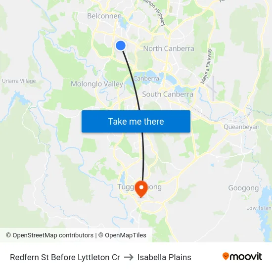 Redfern St Before Lyttleton Cr to Isabella Plains map