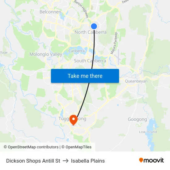 Dickson Shops Antill St to Isabella Plains map