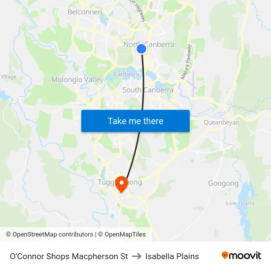 O'Connor Shops Macpherson St to Isabella Plains map