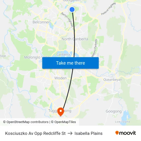 Kosciuszko Av Opp Redcliffe St to Isabella Plains map