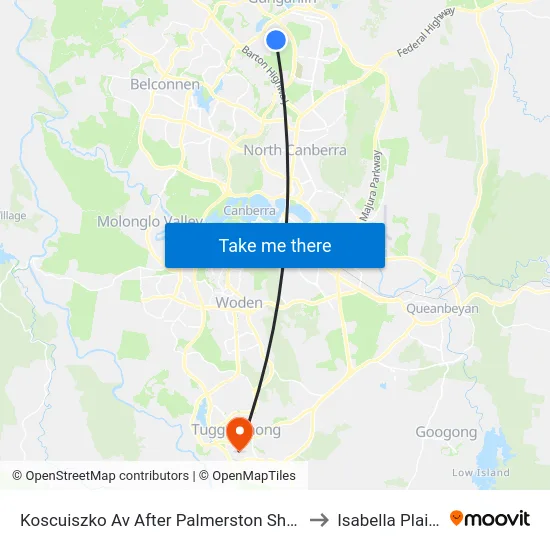 Koscuiszko Av After Palmerston Shops to Isabella Plains map