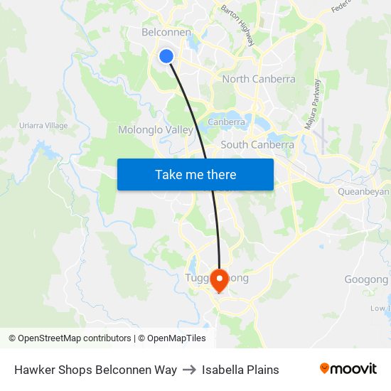 Hawker Shops Belconnen Way to Isabella Plains map