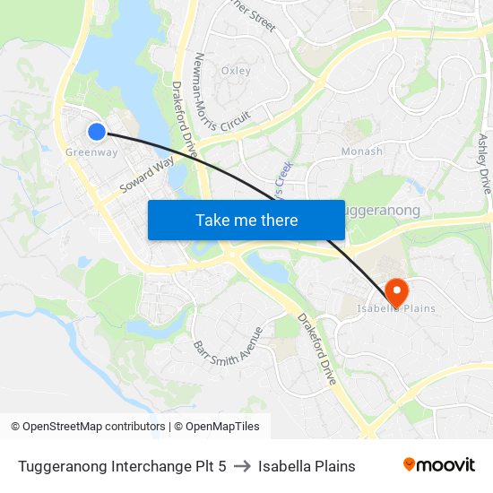 Tuggeranong Interchange Plt 5 to Isabella Plains map