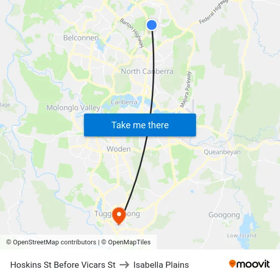 Hoskins St Before Vicars St to Isabella Plains map