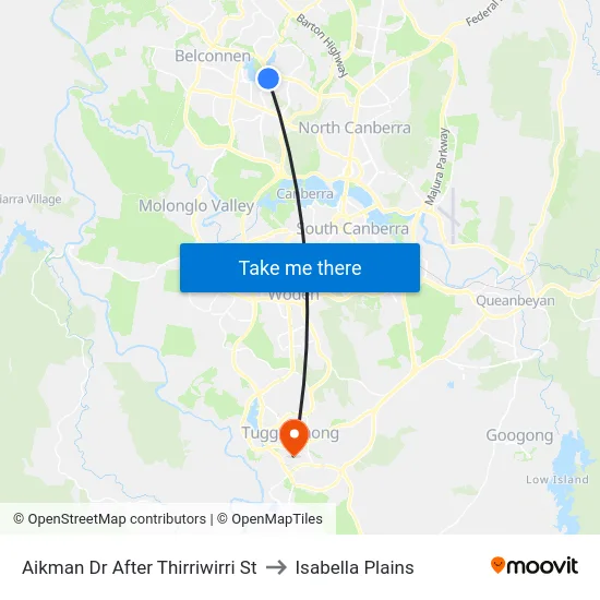 Aikman Dr After Thirriwirri St to Isabella Plains map