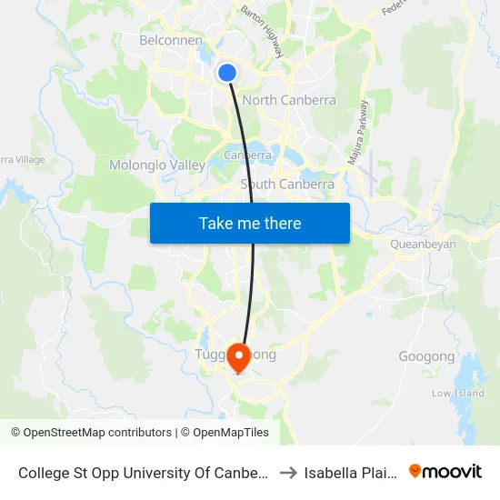 College St Opp University Of Canberra to Isabella Plains map