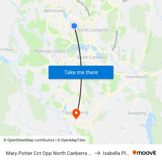 Mary Potter Cct Opp North Canberra Hospital to Isabella Plains map