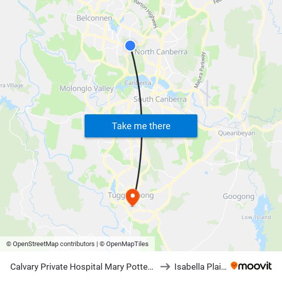 Calvary Private Hospital Mary Potter Cct to Isabella Plains map