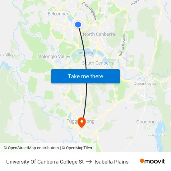 University Of Canberra College St to Isabella Plains map