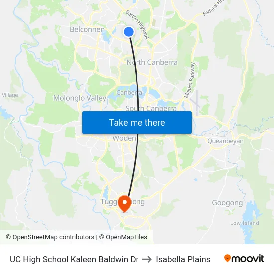 UC High School Kaleen Baldwin Dr to Isabella Plains map