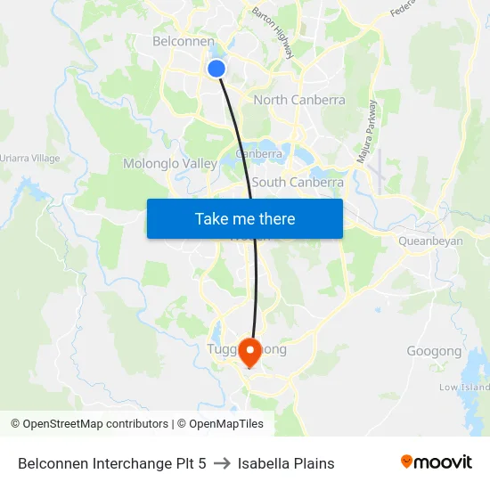 Belconnen Interchange Plt 5 to Isabella Plains map