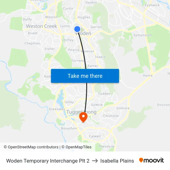 Woden Temporary Interchange Plt 2 to Isabella Plains map