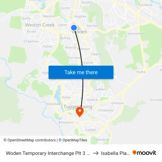 Woden Temporary Interchange Plt 3 Arrive to Isabella Plains map