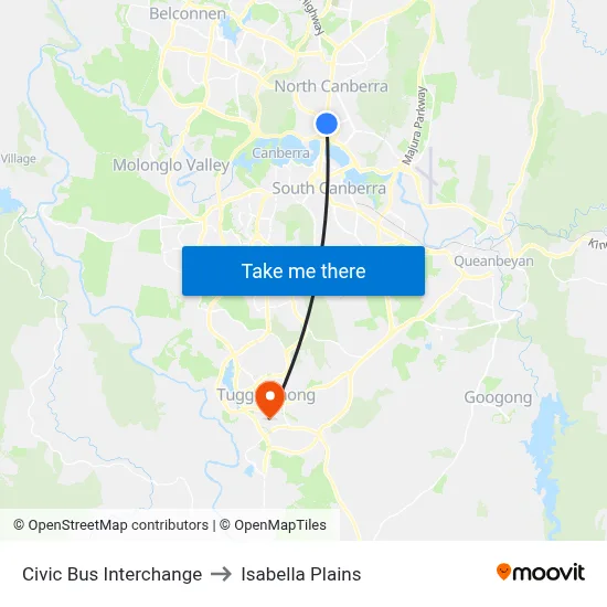 Civic Bus Interchange to Isabella Plains map