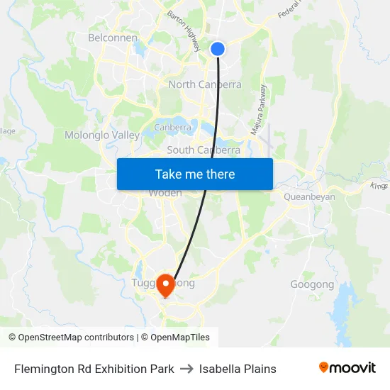Flemington Rd Exhibition Park to Isabella Plains map