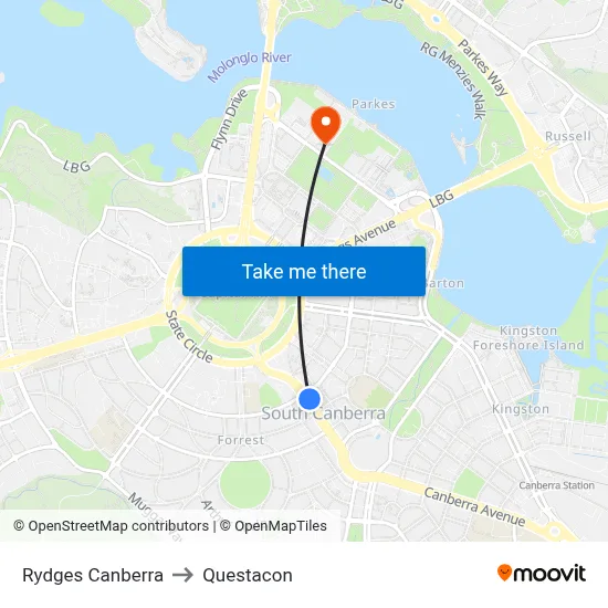 Rydges Canberra to Questacon map