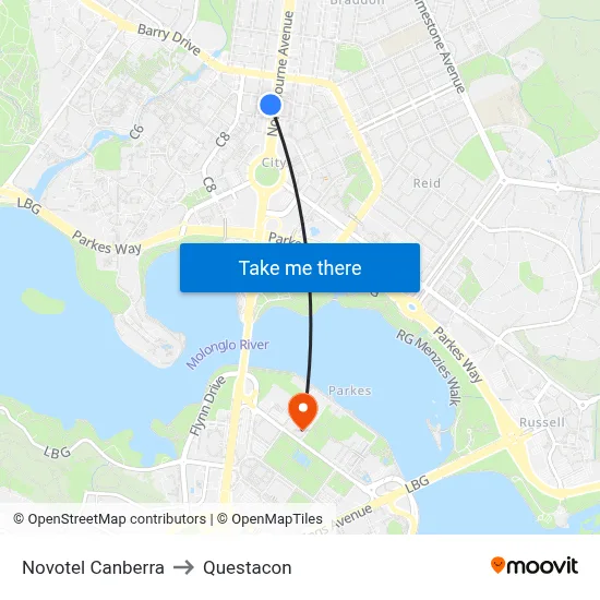 Novotel Canberra to Questacon map
