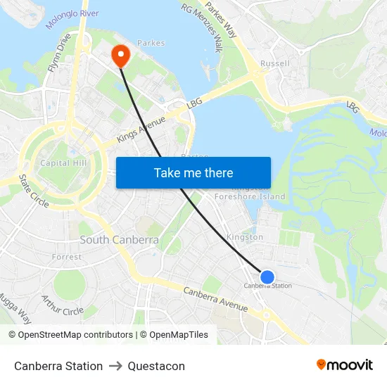 Canberra Station to Questacon map