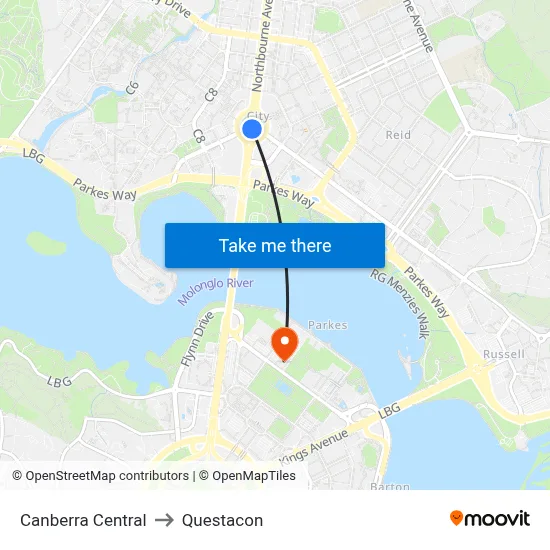 Canberra Central to Questacon map
