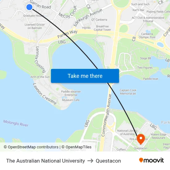 The Australian National University to Questacon map