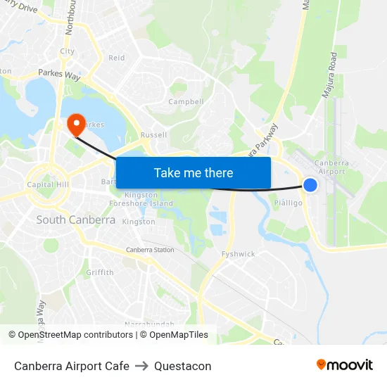 Canberra Airport Cafe to Questacon map